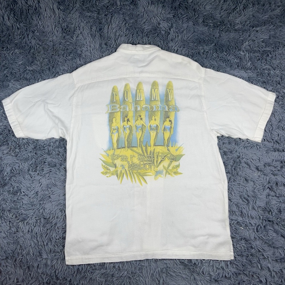 Tommy Bahama Men's M Paradise Nation Graphic Shirt White Button Front Surf Girls